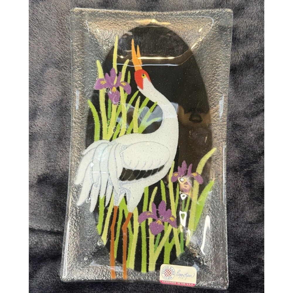 Peggy Karr Fused Art Glass Asian Crane Rectangle Tray Plate 10”x6” Collectible